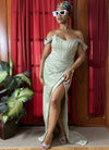Sage Satin Off-Shoulder Gown